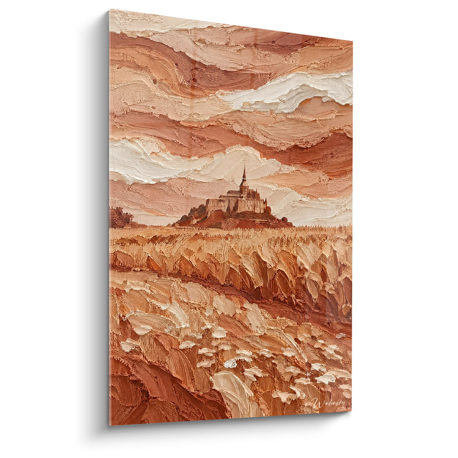 Wall Art Abbey terracotta and cream with undulating fields - Golden wheat field - Le Mont-Saint-Michel Edition Normandy France