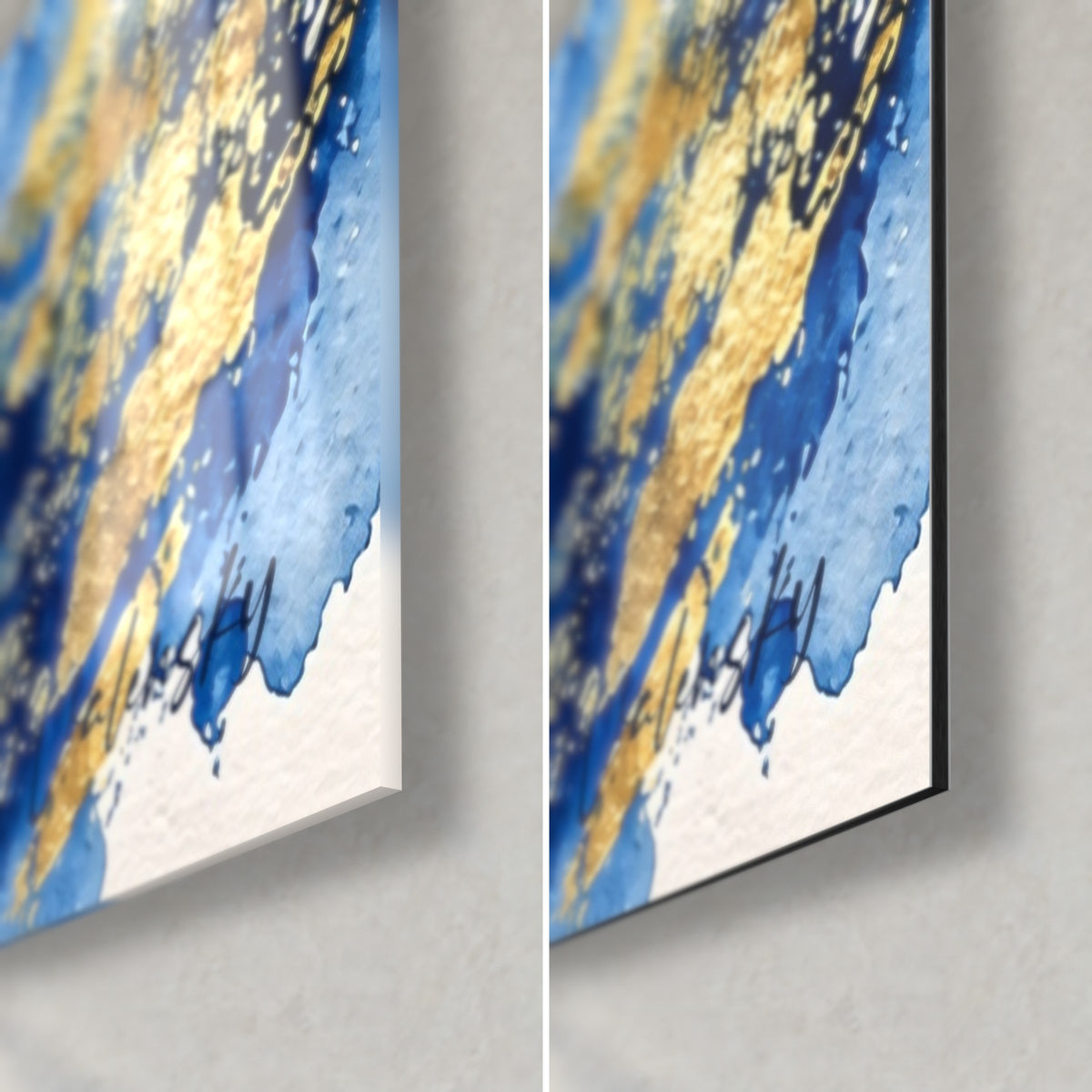 Schilderij heiligdom op zijn rots, rechtsonder: spatten azuurblauw en goud, glanzend acrylglas en mat Dibond