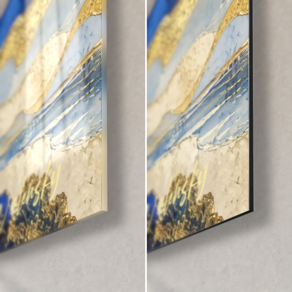 Schilderij gouden citadel onder hemelsblauwe krullen, rechtsonder: glanzend acrylglas links, mat Dibond rechts