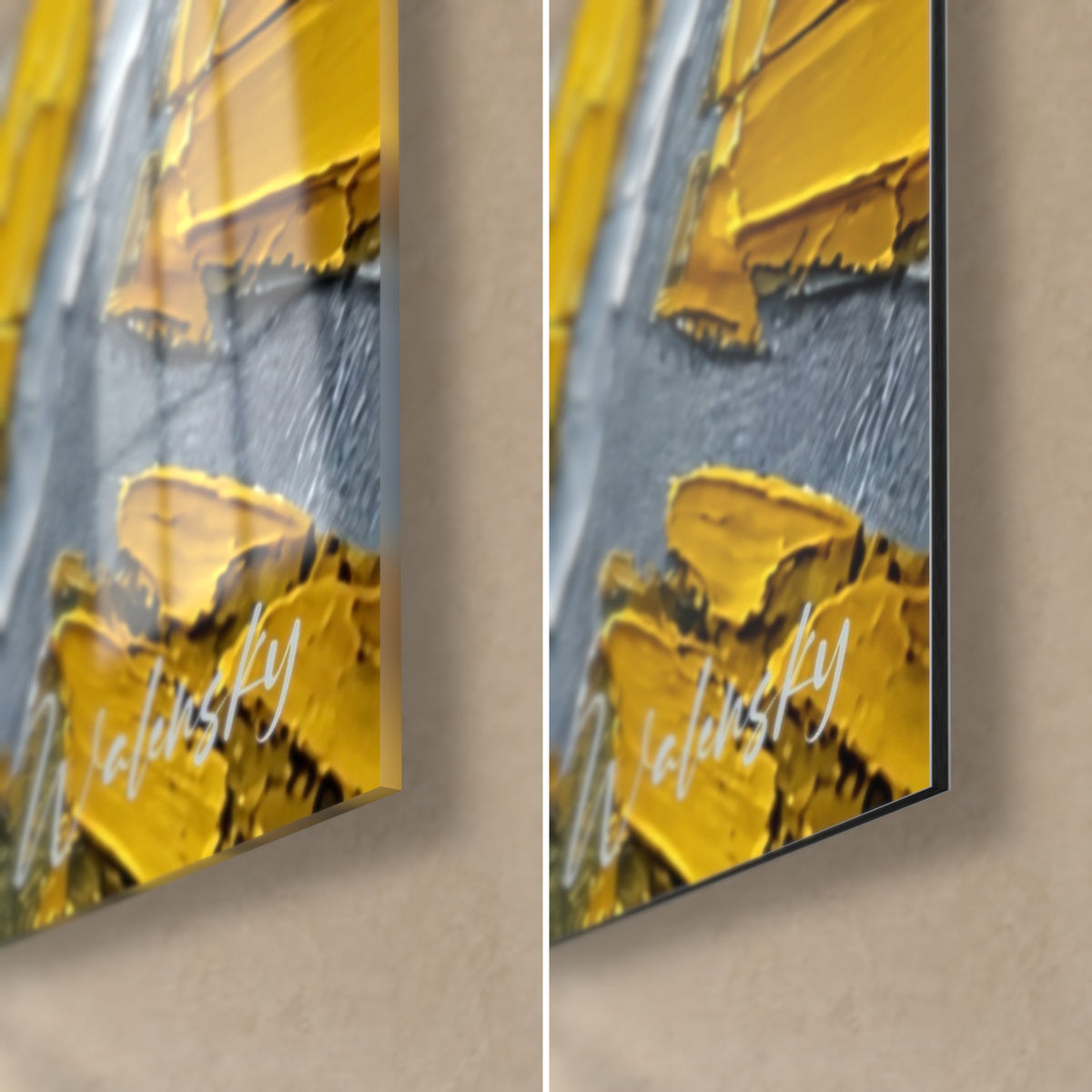 Schilderij Mont-Saint-Michel, rechtsonder: felgele paletmesstrepen op grijs, glanzend glas links, mat Dibond rechts