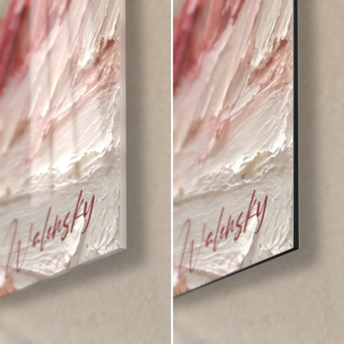 Cuadro abadía rosa y blanca en relieve, firma Walensky carmín, a la izquierda cristal brillante, a la derecha Dibond mate negro de 3 mm