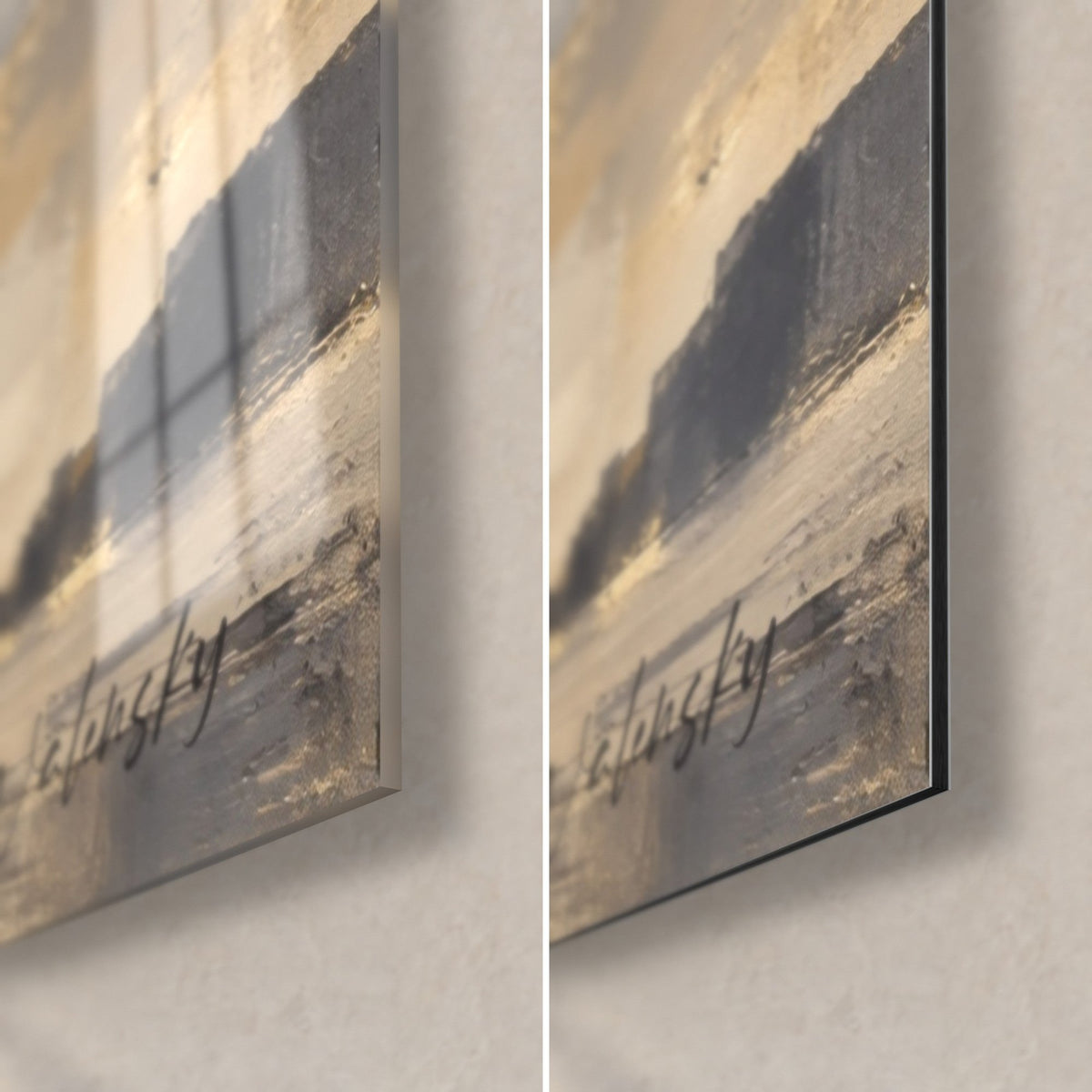 Schilderij Mont-Saint-Michel in gouden en grijze vlakken, glanzende glashoek links onder en mat Dibond-aluminium rechts, 3 mm dik