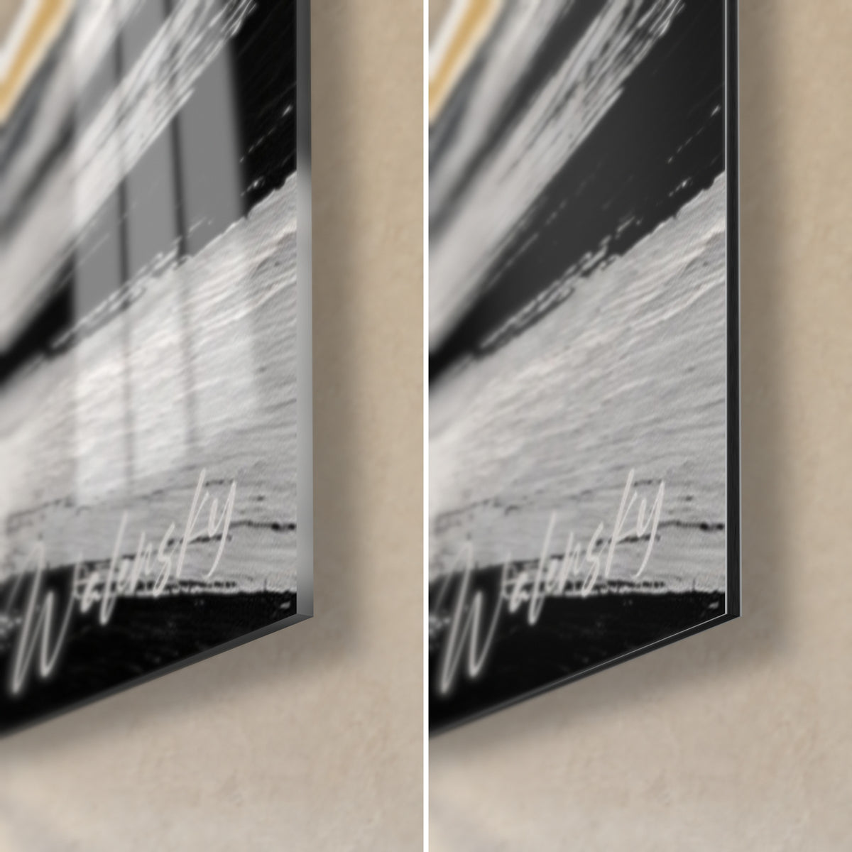 Schilderij getijdencitadel, rechtsonder: glanzend acrylglas links, mat wit en zwart Dibond-aluminium rechts, 3 mm rand