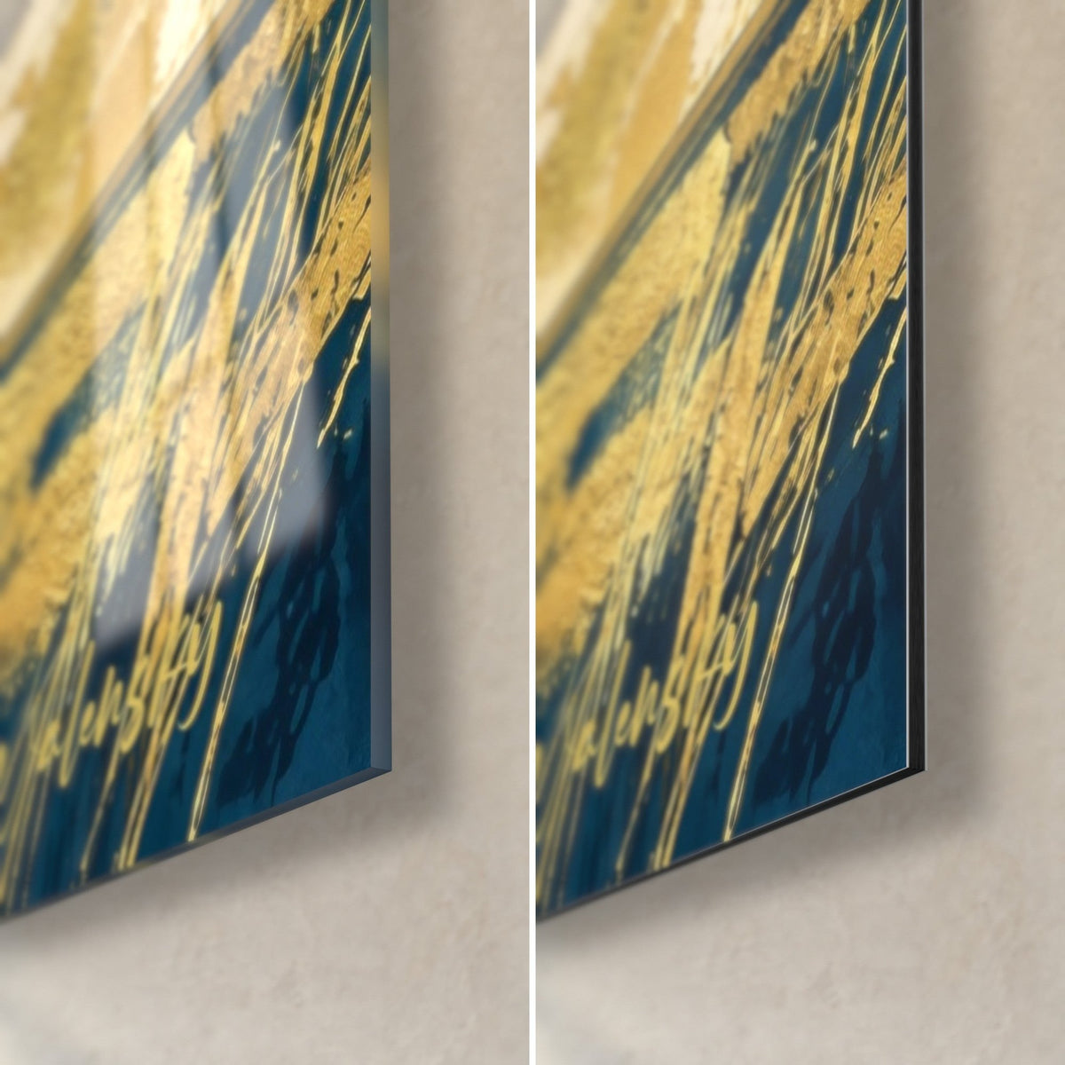 Gemälde einer Zitadelle auf ihrem Felsen, untere rechte Ecke: glänzendes Glas links, matt Dibond-Aluminium rechts, 3 mm Kante