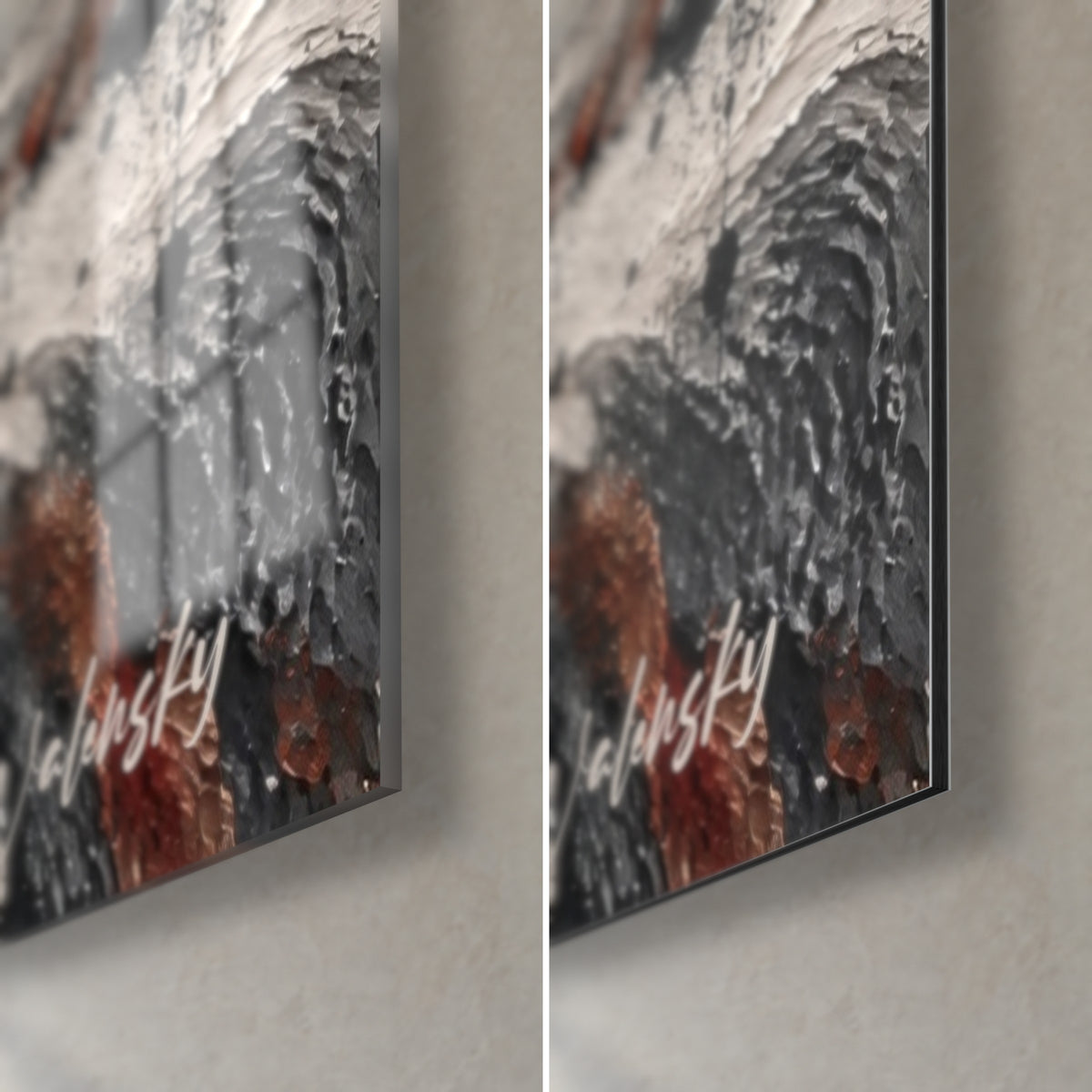 Quadro Mont-Saint-Michel in pittura spessa grigia e ruggine, angolo in basso a destra, vetro acrilico lucido con riflessi e alluminio Dibond opaco, bordo di 3 mm