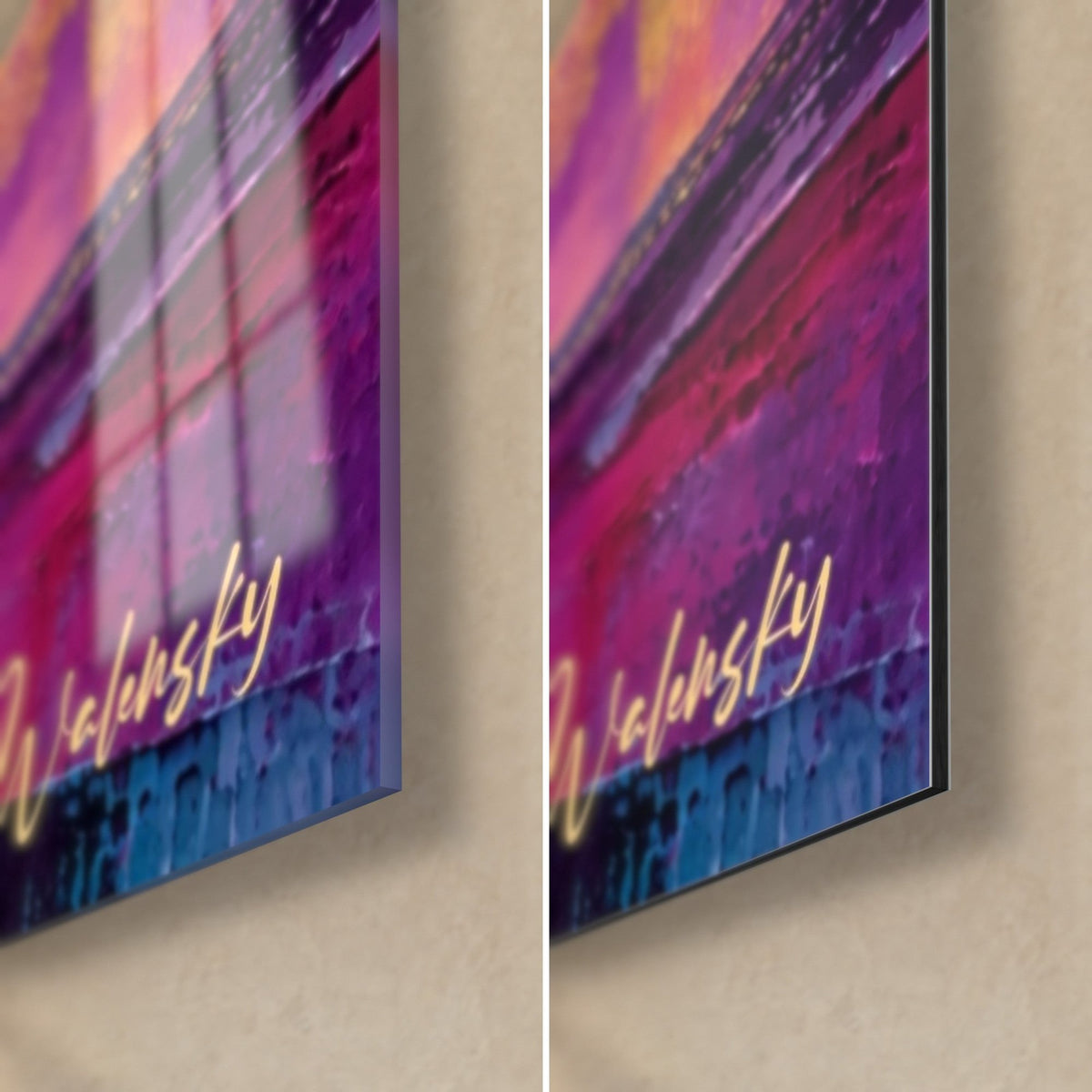 Quadro cittadella in lontananza in pasta spessa magenta e viola, angolo in basso a destra firmato Walensky, vetro lucido e Dibond opaco