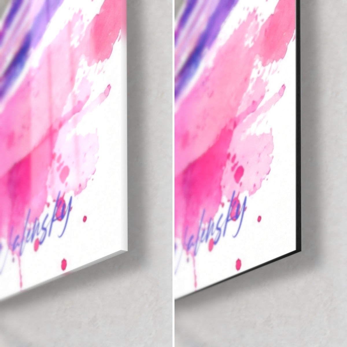 Schilderij fort in aquarel, roze en paarse spetters, rechtsonder hoek met glanzend glas en mat Dibond, 3 mm rand