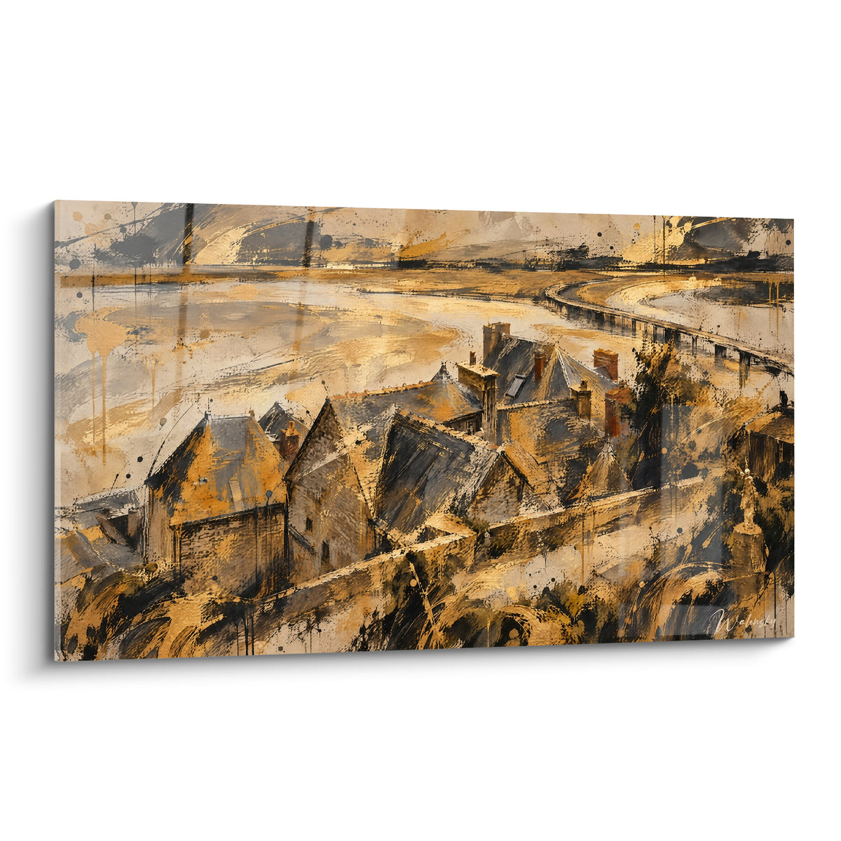 Schilderij Mont-Saint-Michel met antraciet daken en gouden baai, luchtfoto van de stadsmuren