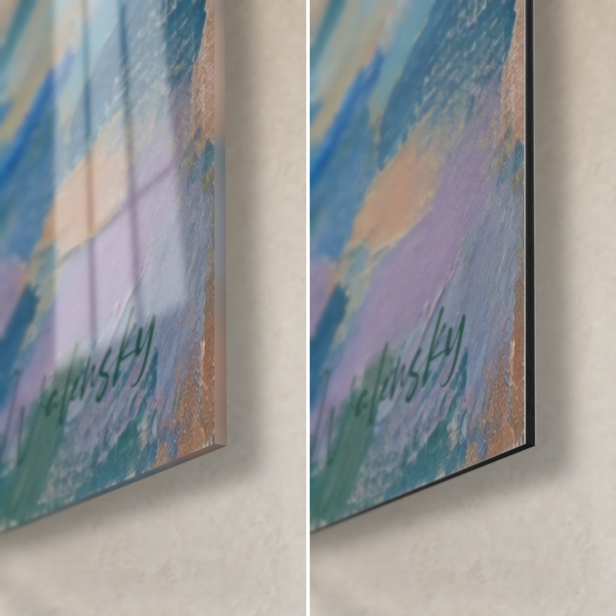 Wall art silhouette of the abbey in blue and pink touches, bottom right corner: glossy glass on the left, matte Dibond on the right