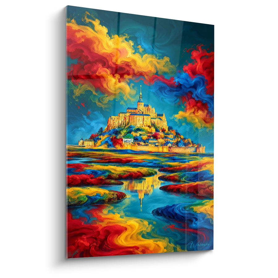 Painting Abbey swirling blues and reds vibrant - Vibrant swirl - Limited Edition Mont Saint-Michel Normandy France
