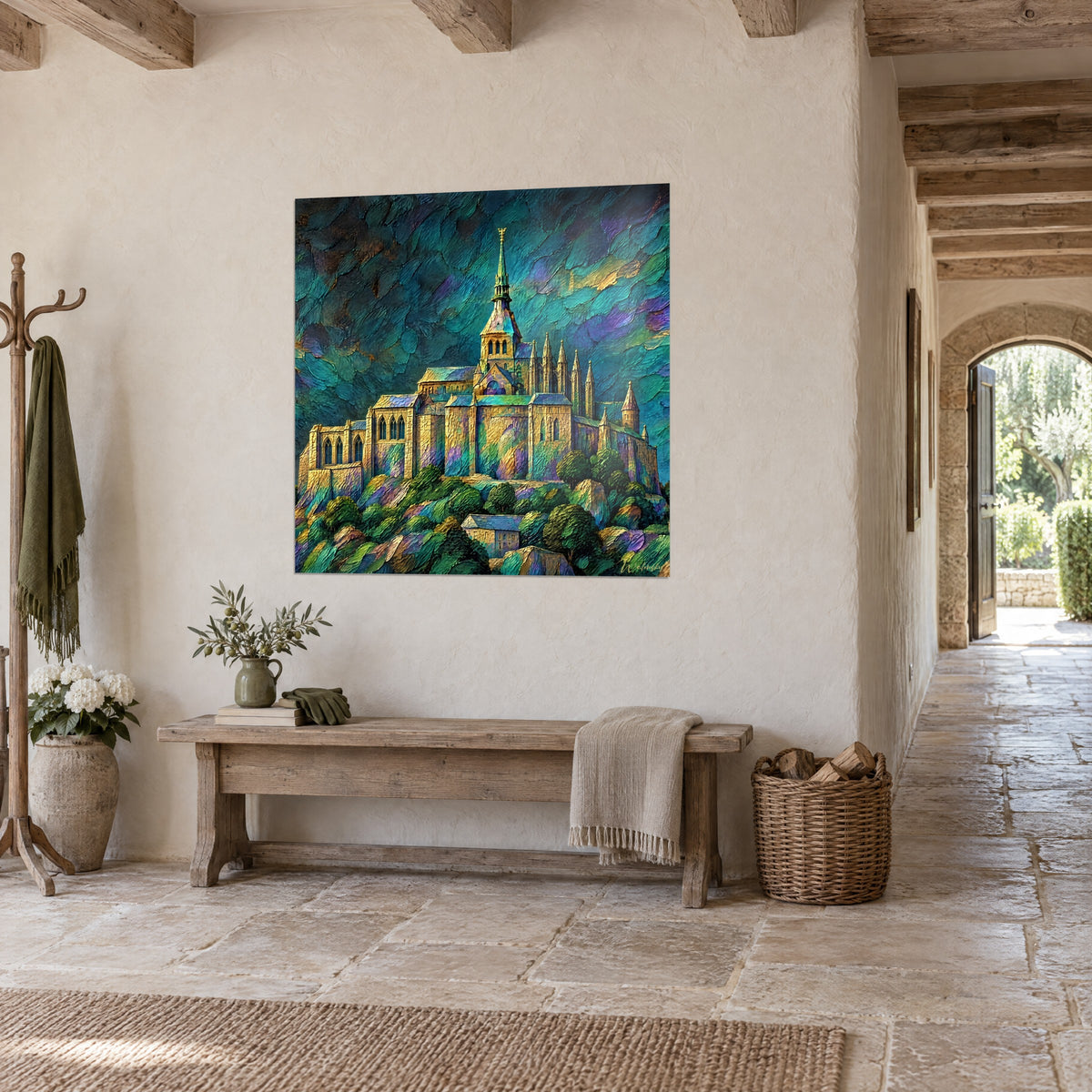 Tourelles ocre et bleu nuit de l'abbaye normande au-dessus d'un canapé dans un salon lumineux