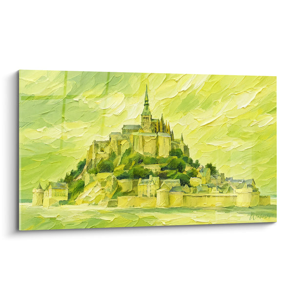 Tableau Abbaye vert et jaune aux empâtements épais - Lumière dorée sur la baie - Edition Le Mont-Saint-Michel  Normandie  France