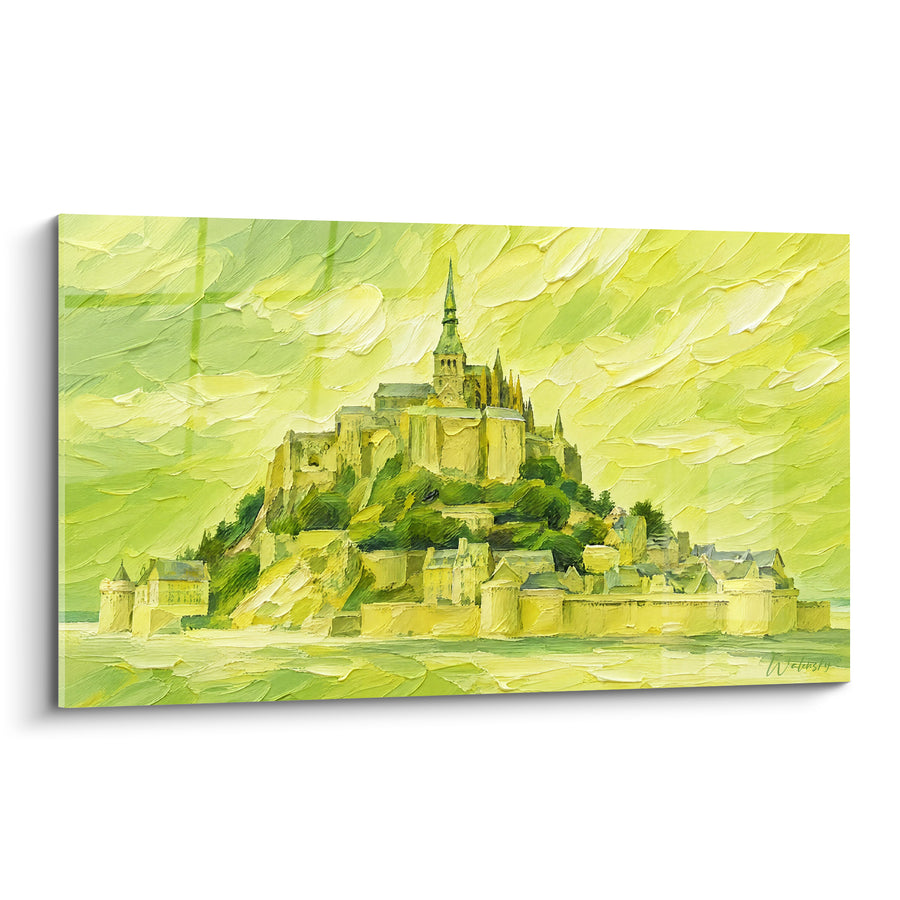 Painting Abbey green and yellow with thick impasto - Golden light on the bay - Le Mont-Saint-Michel Edition Normandy France