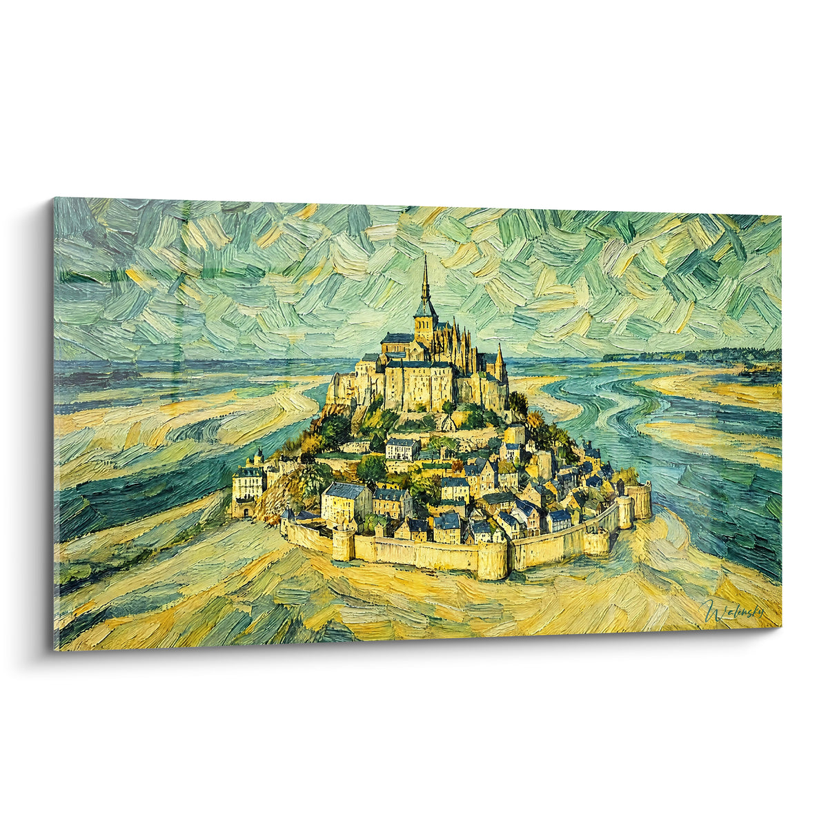 Mont-Saint-Michel doré et vert sauge peint en touches tourbillonnantes, abbaye perchée sur son rocher