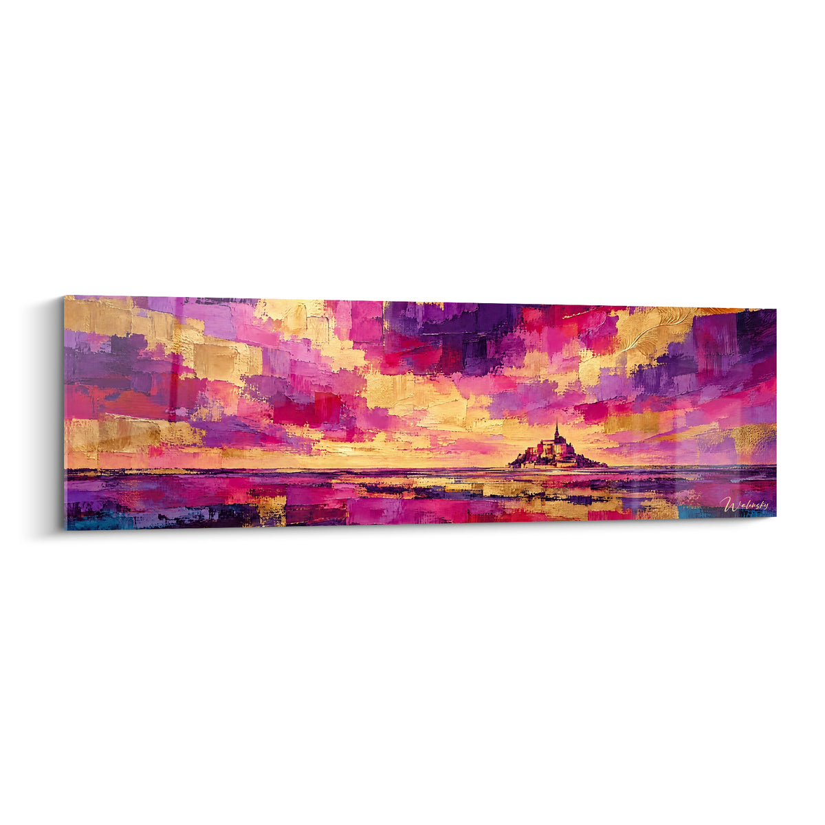 Quadro Mont-Saint-Michel viola e oro dipinto in impasto su uno sfondo di cielo infuocato al tramonto