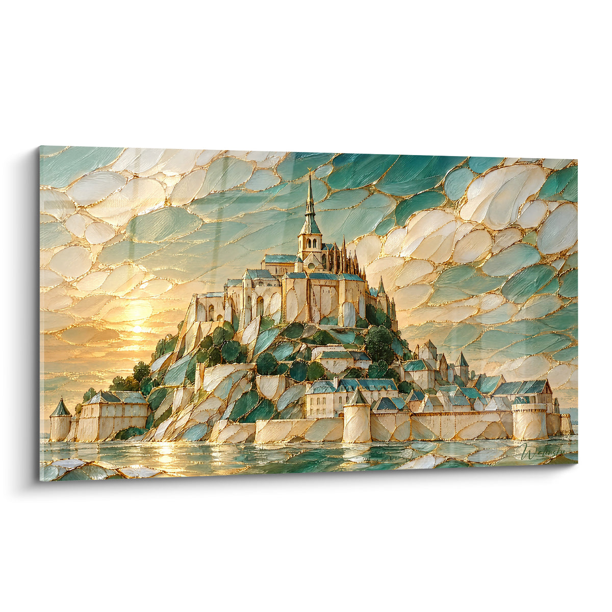 Πίνακας Mont-Saint-Michel χρυσό και τιρκουάζ ως στυλιζαμένο βιτρό, αββαείο πάνω σε βράχο στο ηλιοβασίλεμα