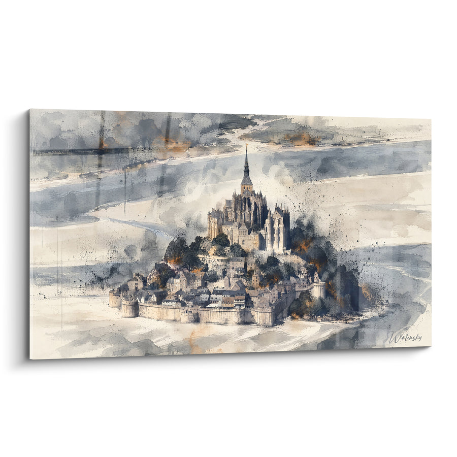 Painting Mont Saint-Michel grey and ochre aerial view - Floating islet - Limited Edition Mont Saint-Michel Normandy France