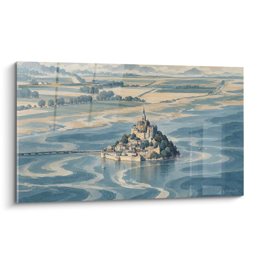 Schilderij Abdij Eiland blauw en oker op kronkelende baai - Luchtige droom - Editie Mont Saint-Michel Normandië Frankrijk