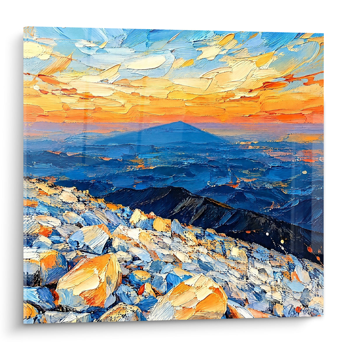 Πίνακας Mont Ventoux ζωγραφισμένος σε πορτοκαλί και σκούρο μπλε, πετρώδεις βράχοι με υφή και φλογερός ουρανός στη δύση