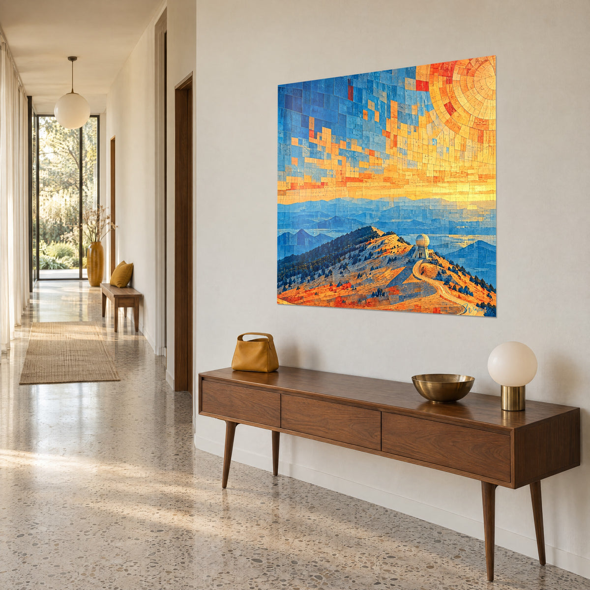 Wall art Provençal summit in amber and azure tesserae, winding road to the white dome, three-quarter view above a wooden sideboard