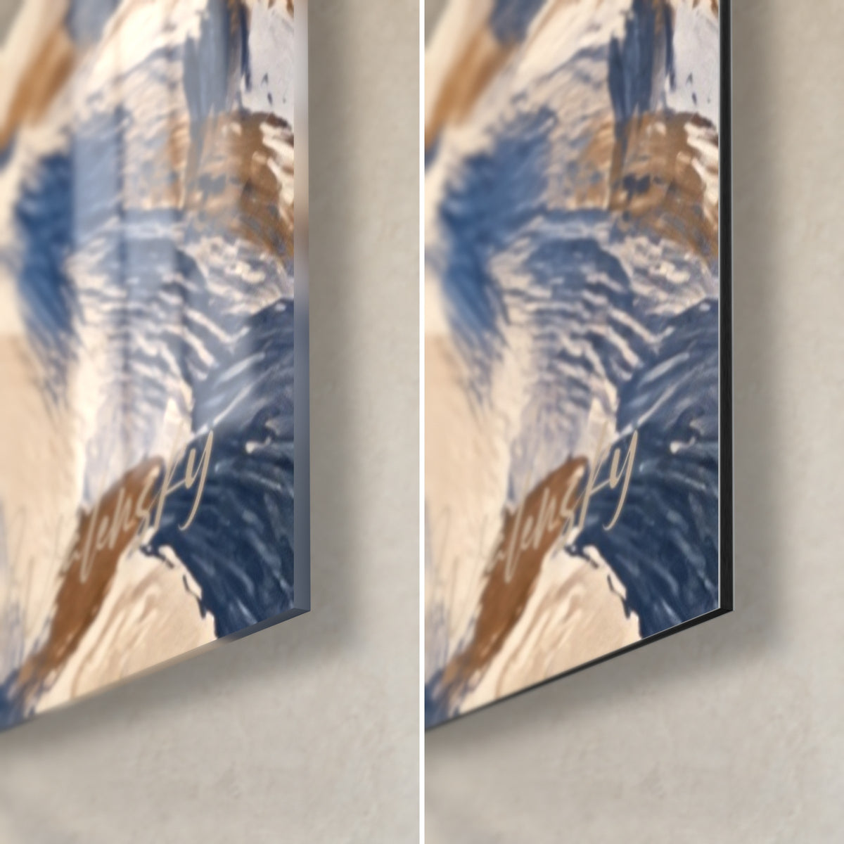 Gemälde Bergserpentine in Kobaltblau und Ocker mit Pinselstrichen, untere rechte Ecke, glänzendes Glas links, mattes Dibond rechts