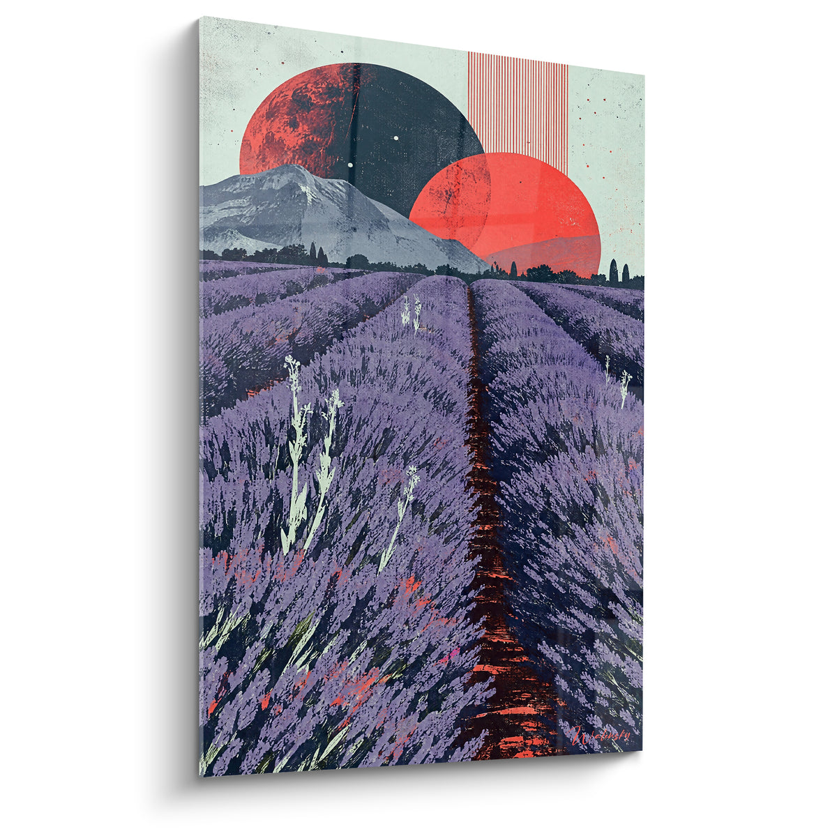 Tableau champ de lavande violette face au Mont Ventoux, sphères rouges et gris anthracite au ciel