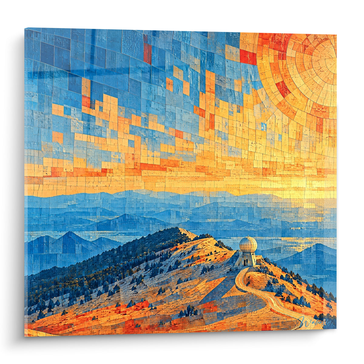 Wall art Mont Ventoux in blue and orange mosaic, rising sun and observatory on the rocky summit