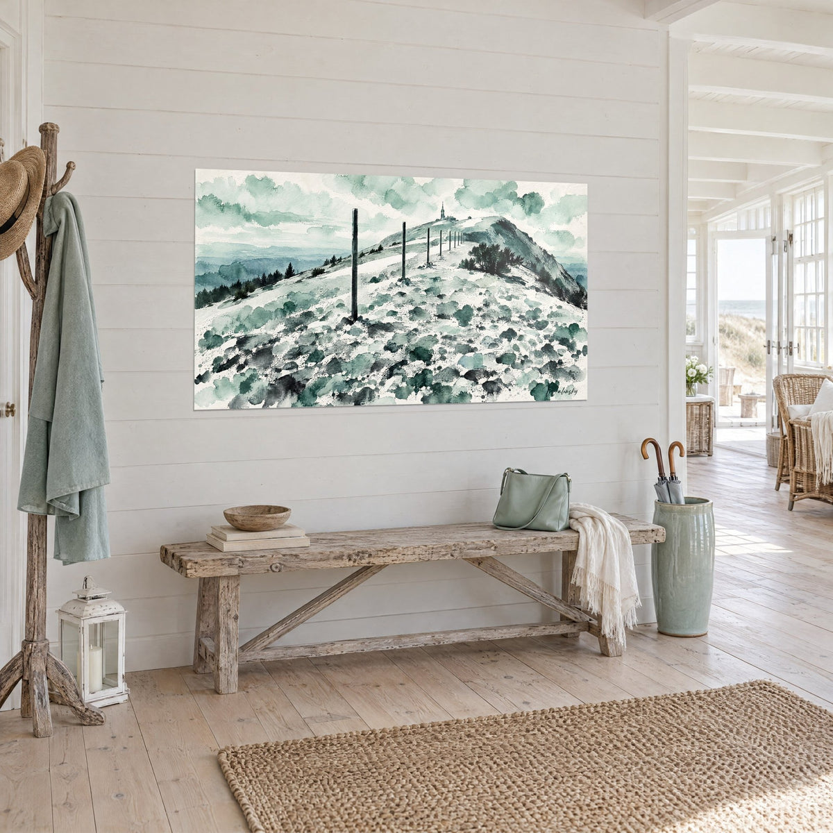 Schilderij besneeuwde top met verre kapel, grijsgroene lucht en witte rots, in een huis aan zee