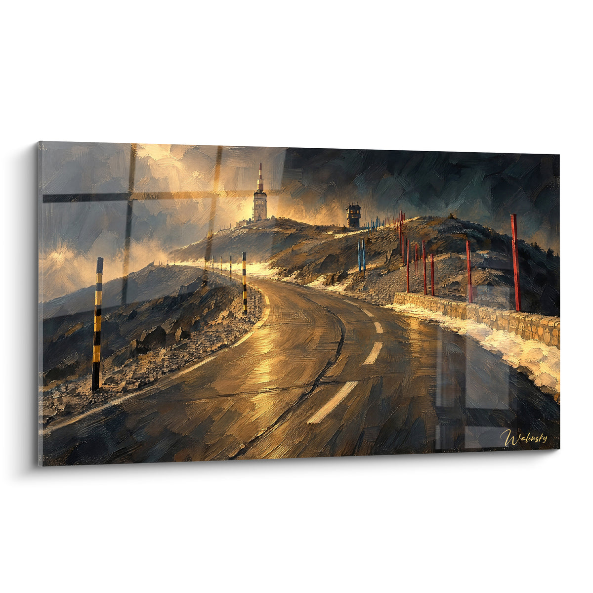 Gemälde kurvenreiche Straße des Mont Ventoux mit goldenen Reflexen unter einem schweren anthrazitfarbenen, wolkenverhangenen Himmel