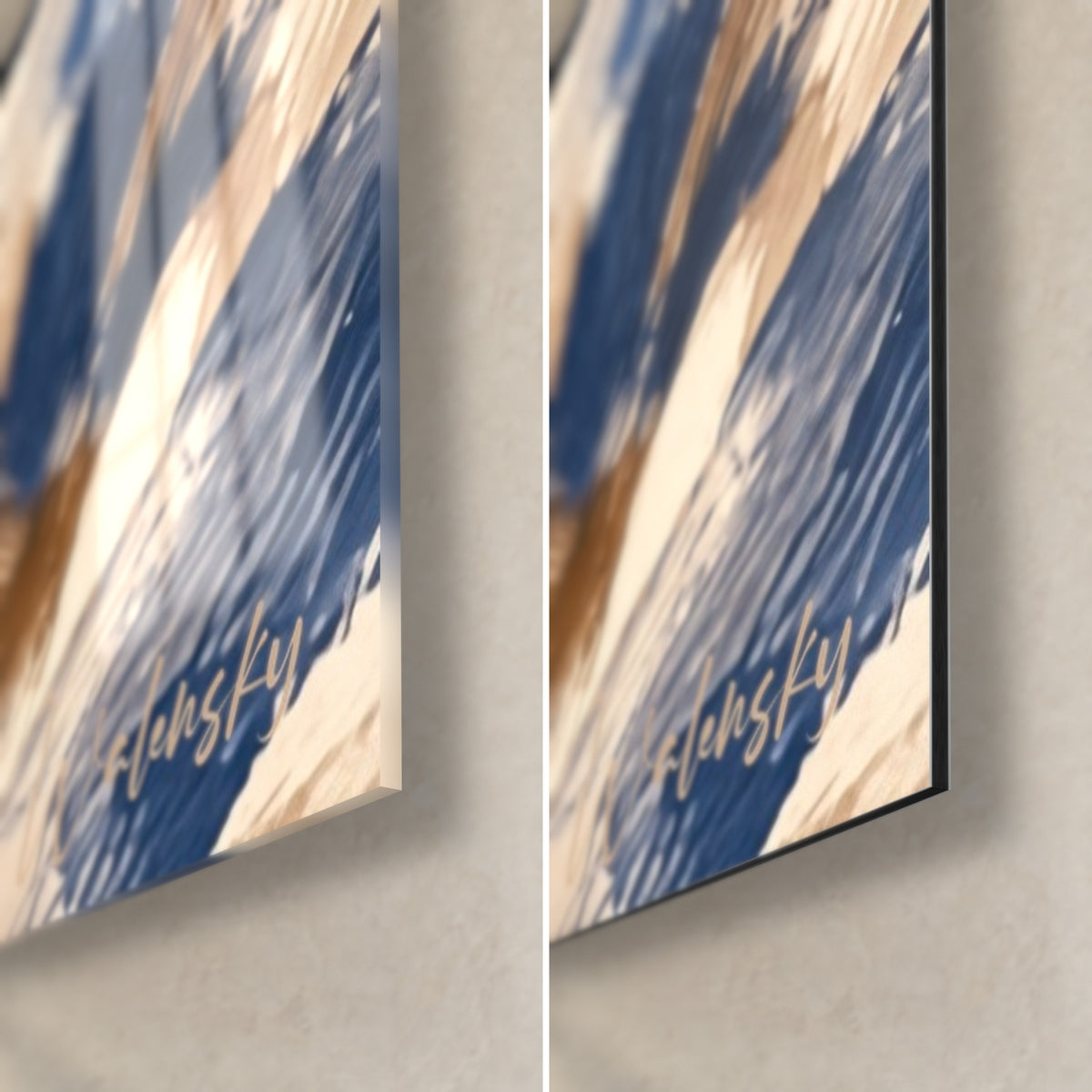 Tableau motard sur route bleu marine, coin bas droit : verre brillant à gauche, alu Dibond mat à droite, tranche de 3 mm