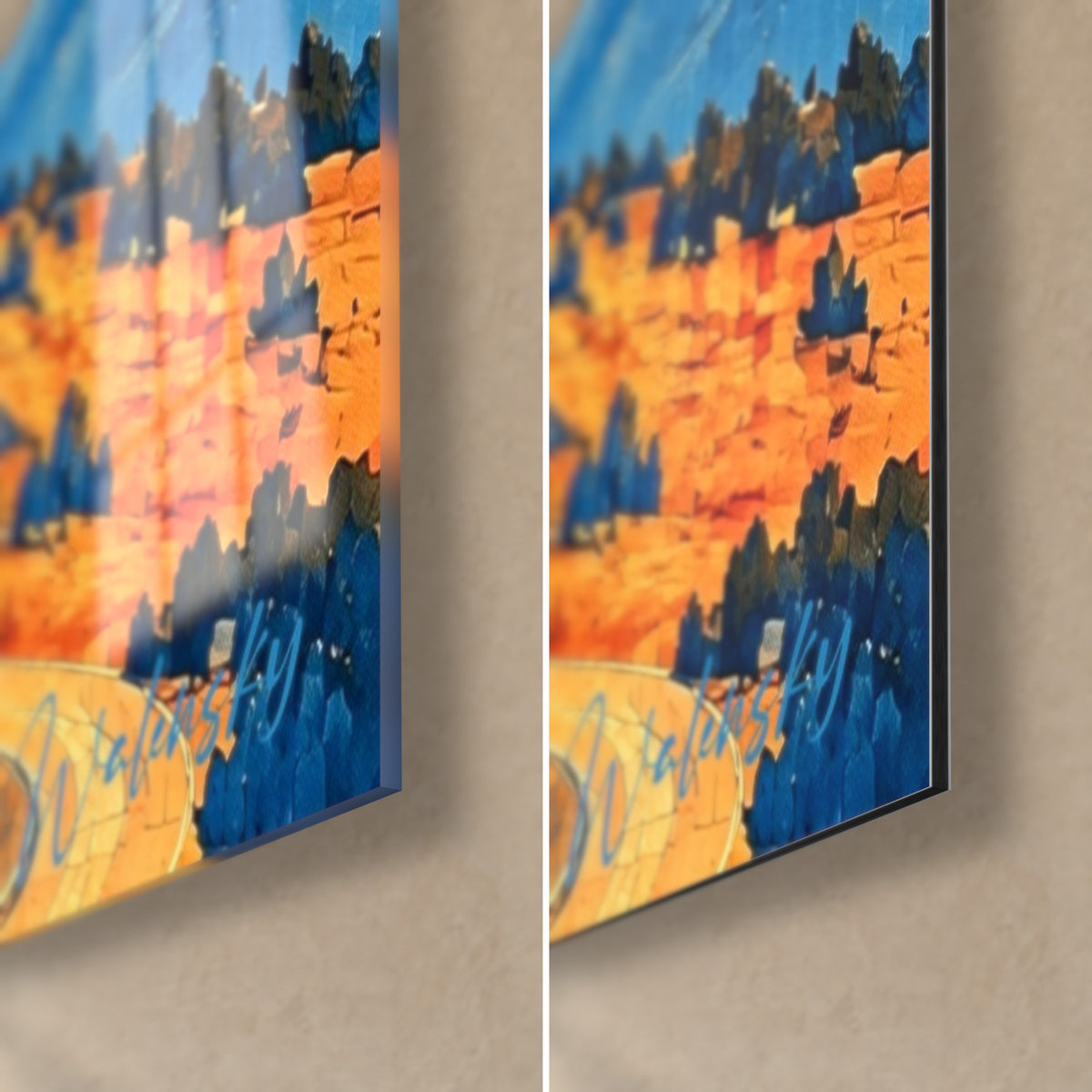 Wall art mountain mosaic, bottom right corner: glossy acrylic glass with reflections on the left, matte orange and blue Dibond aluminium on the right, 3 mm edge