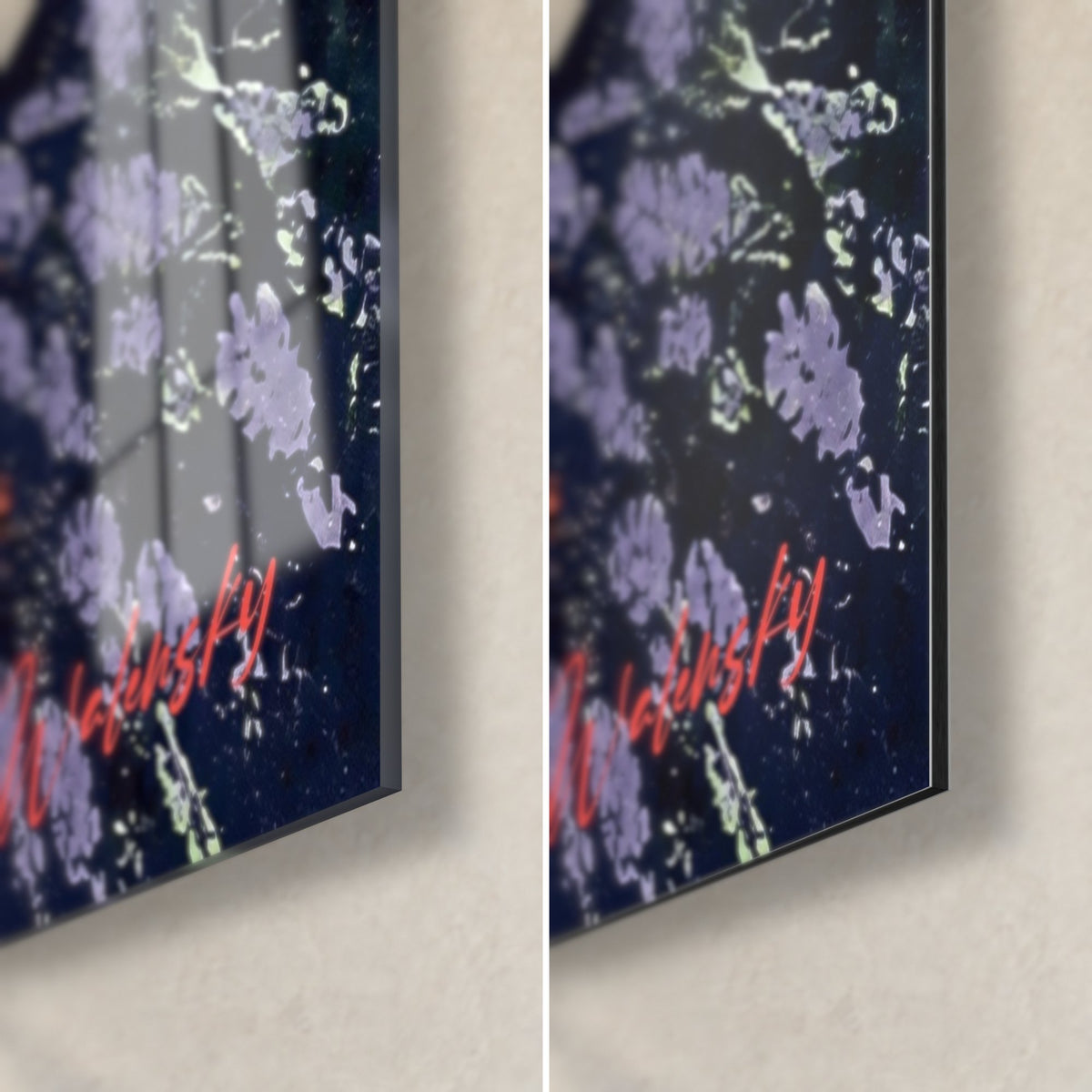 Tableau lavandière violette sous sphères rouges, coin bas droit : verre acrylique brillant et reflets, Dibond mat, tranche de 3 mm