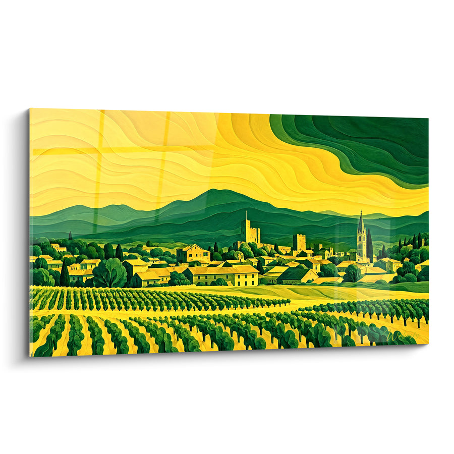 Tableau Village provençal aux vignes jaunes et vertes - Sérénité viticole - Edition Mont Ventoux Provence-Alpes-Côte d'Azur France
