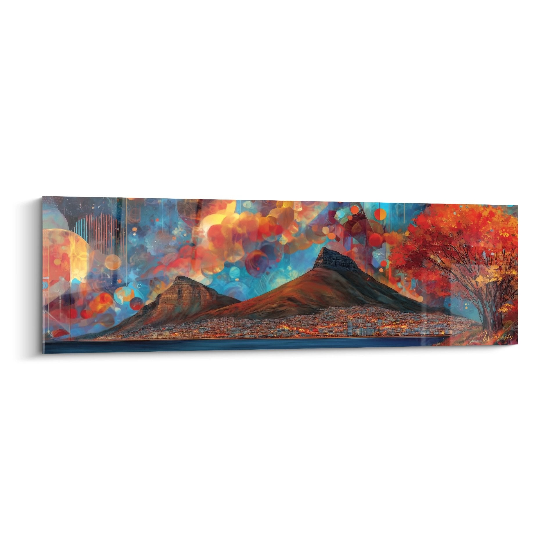 Tableau montagne abstraite colorée avec ciel explosif orange et bleu, art mural moderne décoratif