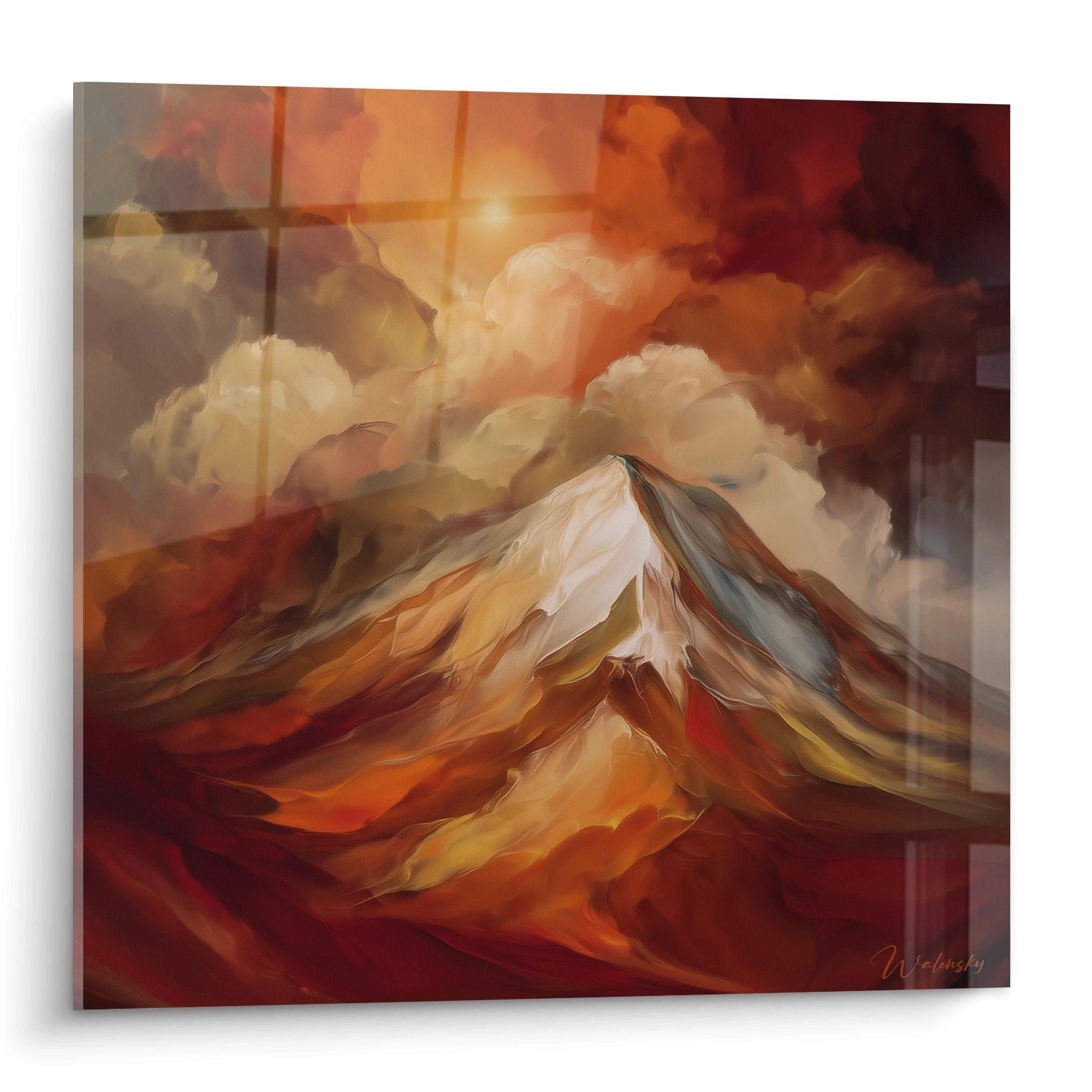 Tableau montagne abstraite aux tons chauds, sommet stylisé émergeant de nuages colorés, art mural moderne