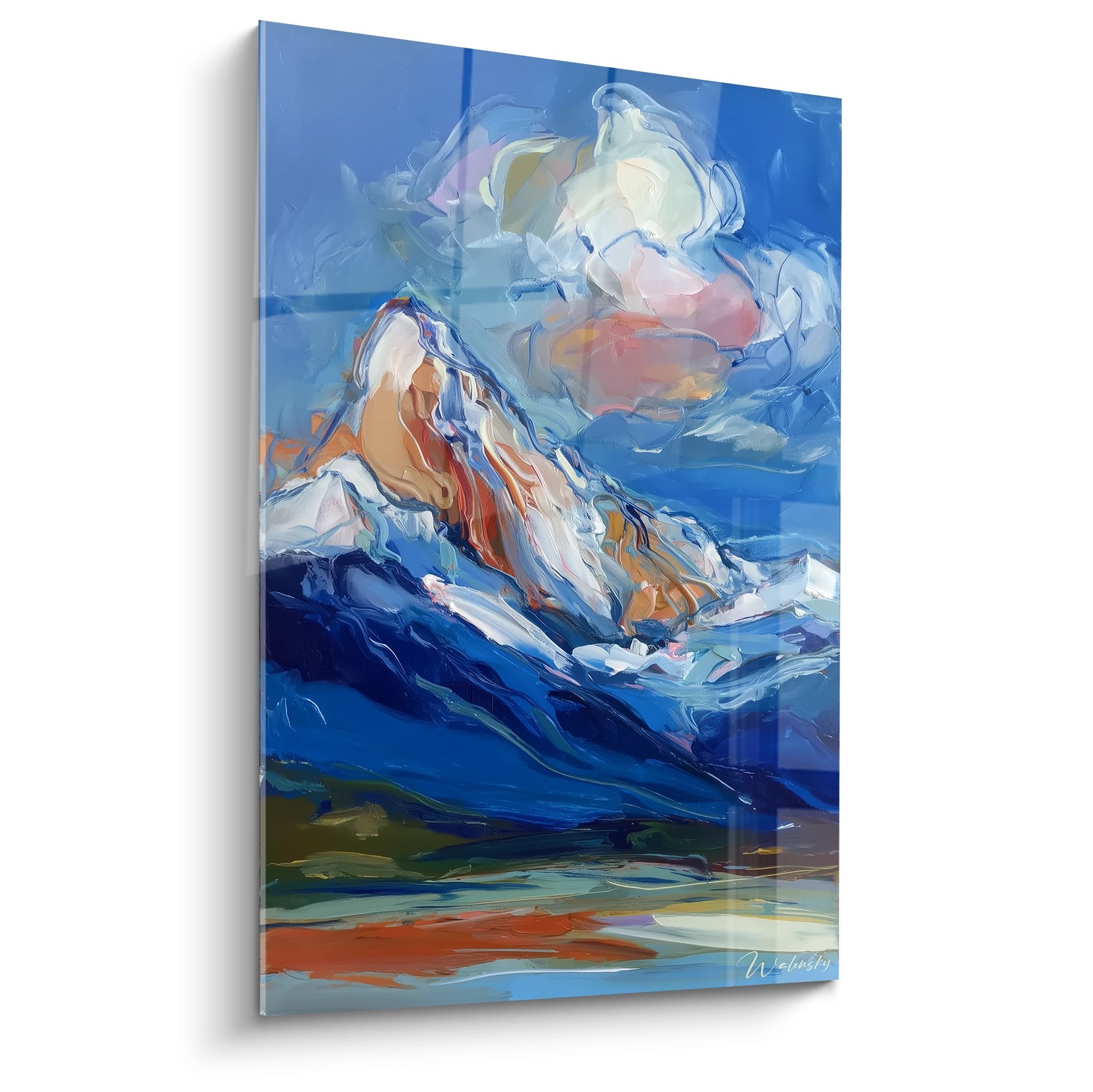 Tableau montagne abstraite moderne avec sommets enneigés et tempête alpine bleue style contemporain