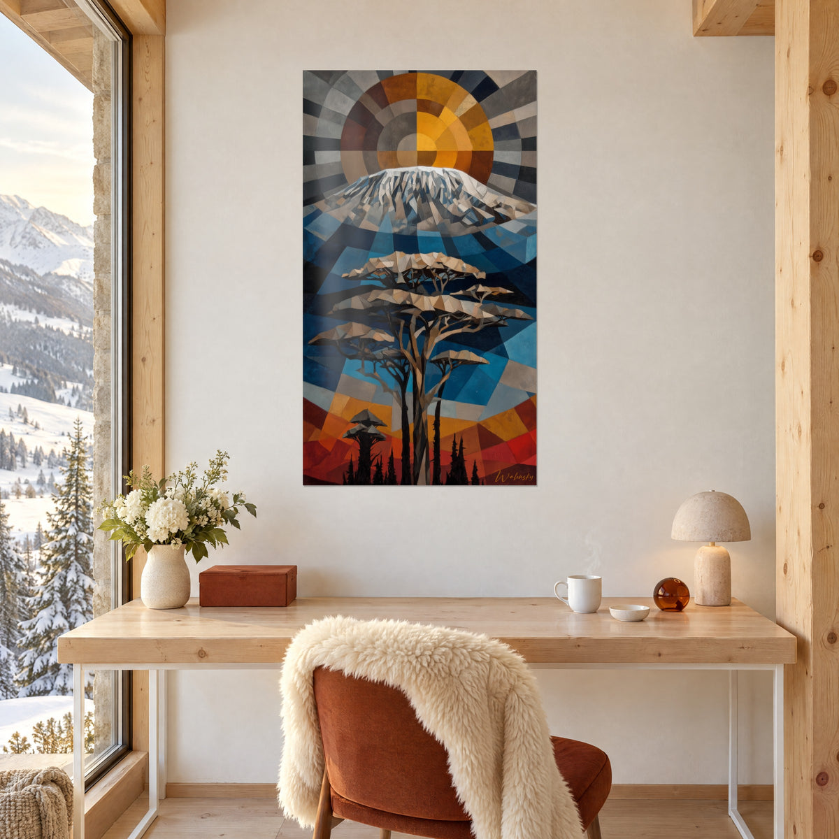 Quadro paesaggio di savana cubista, cielo blu profondo, acacia dai rami beige e marroni, monte bianco, appeso sopra una scrivania in legno chiaro