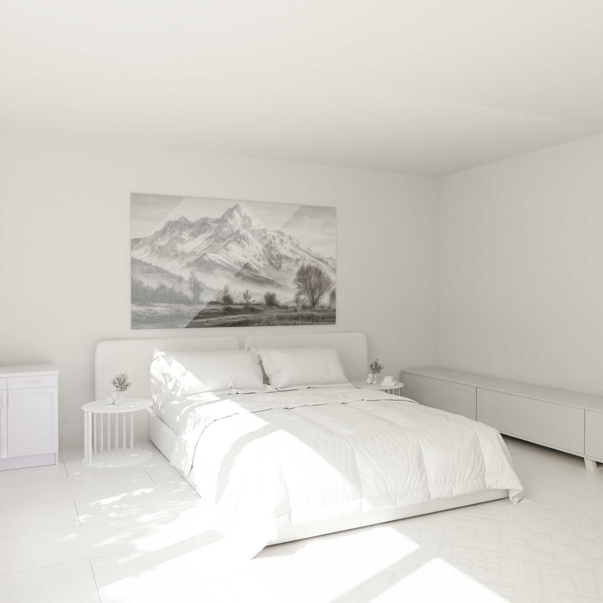 Ambiance chambre avec tableau montagne noir et blanc - décoration murale paysage alpin élégante