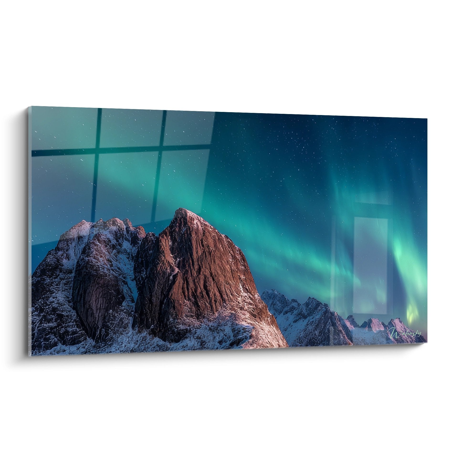 Tableau montagne aurore boréale avec pics enneigés et ciel vert turquoise étoilé - décoration murale