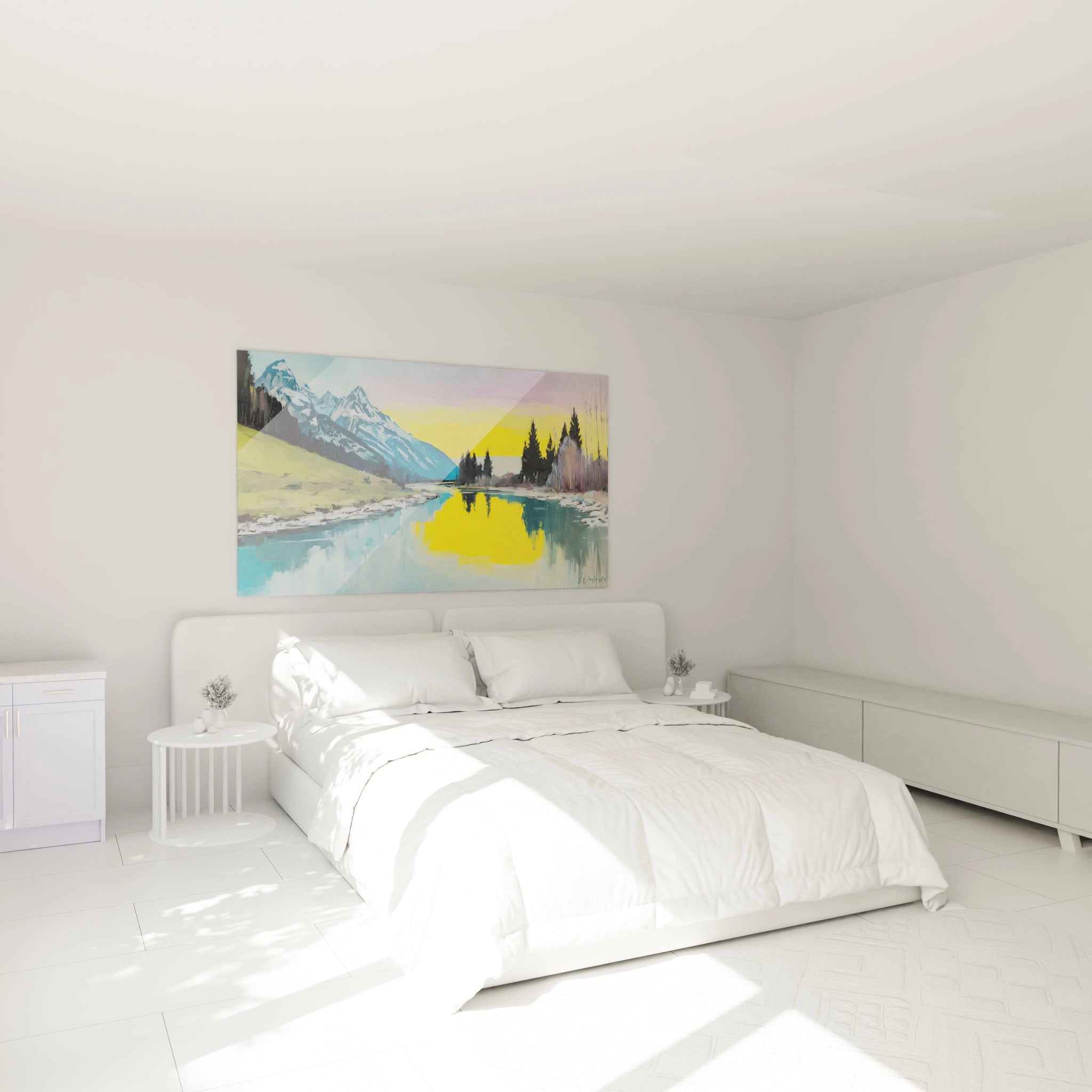 Tableau mural Walensky tableau montagne impressionnisme coloré au dessus d un lit blanc minimaliste et lumineux