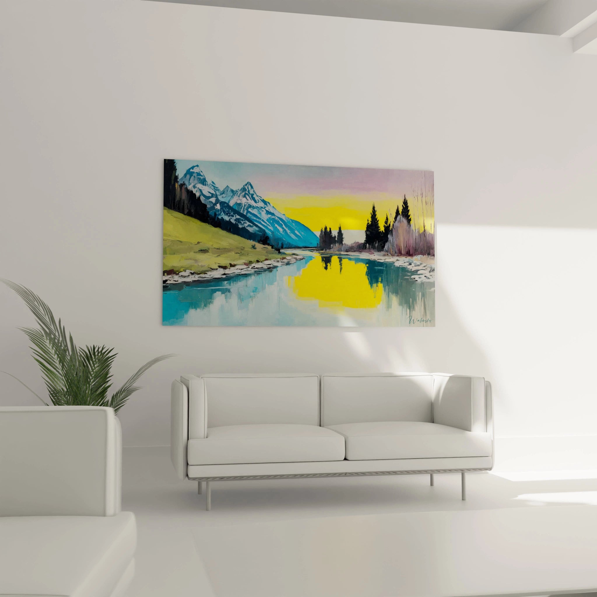 Tableau mural Walensky tableau montagne impressionnisme avec lac bleu réfléchissant pins et montagnes enneigées