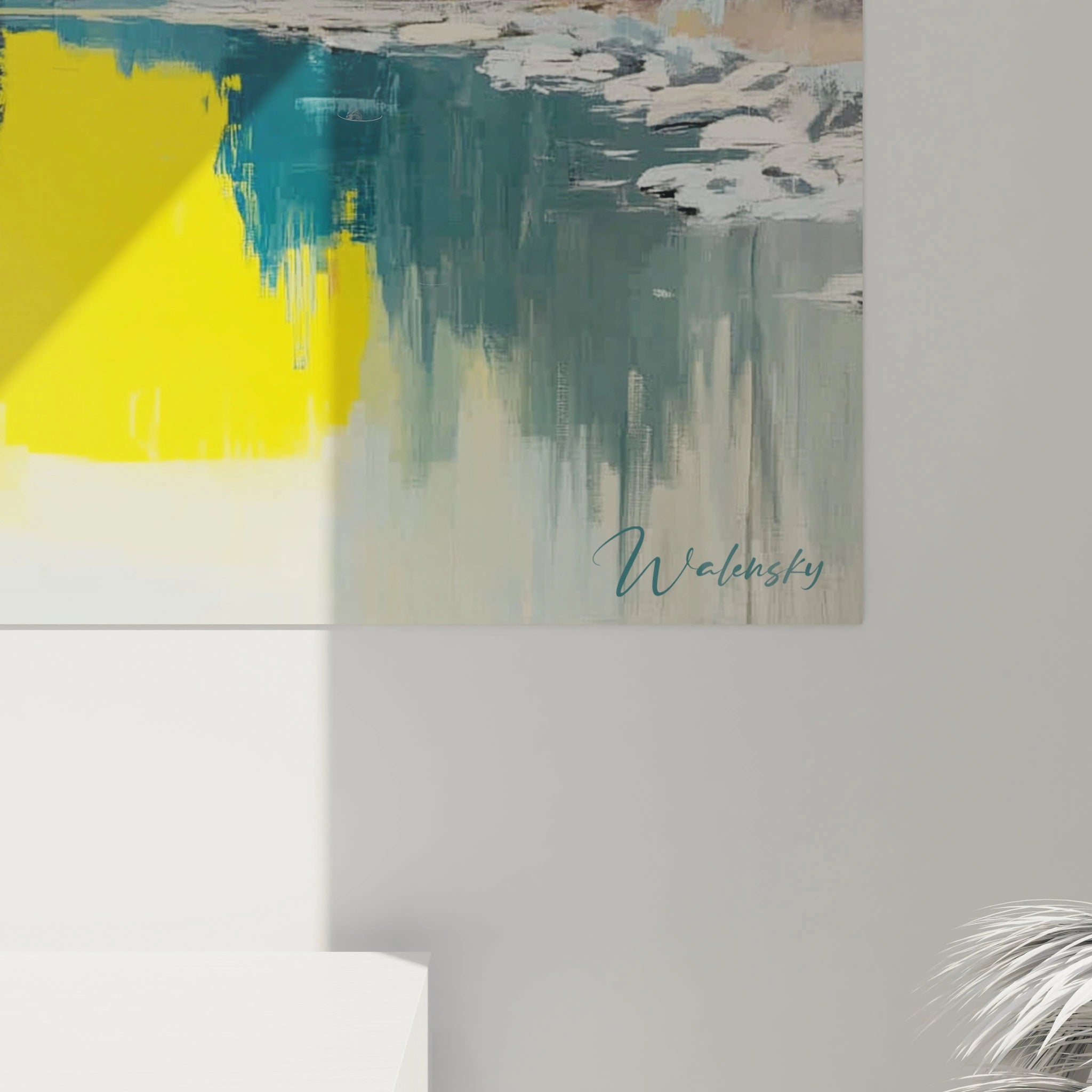Tableau mural Walensky avec signature montrant paysage abstrait de montagne bleu jaune blanc tableau montagne impressionnisme