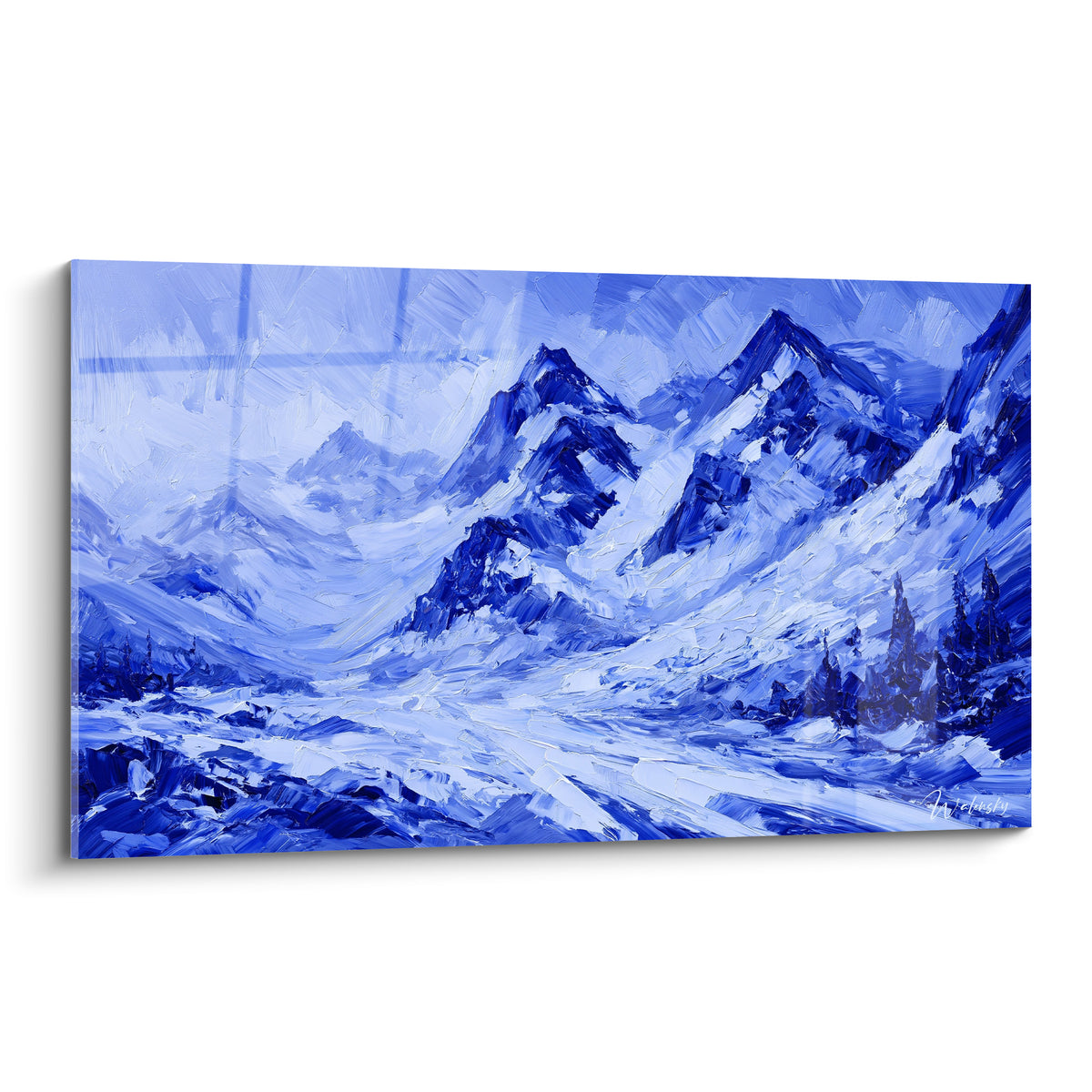 Tableau sommets enneigés en bleu indigo et blanc, peinture au couteau texturée d'une vallée alpine