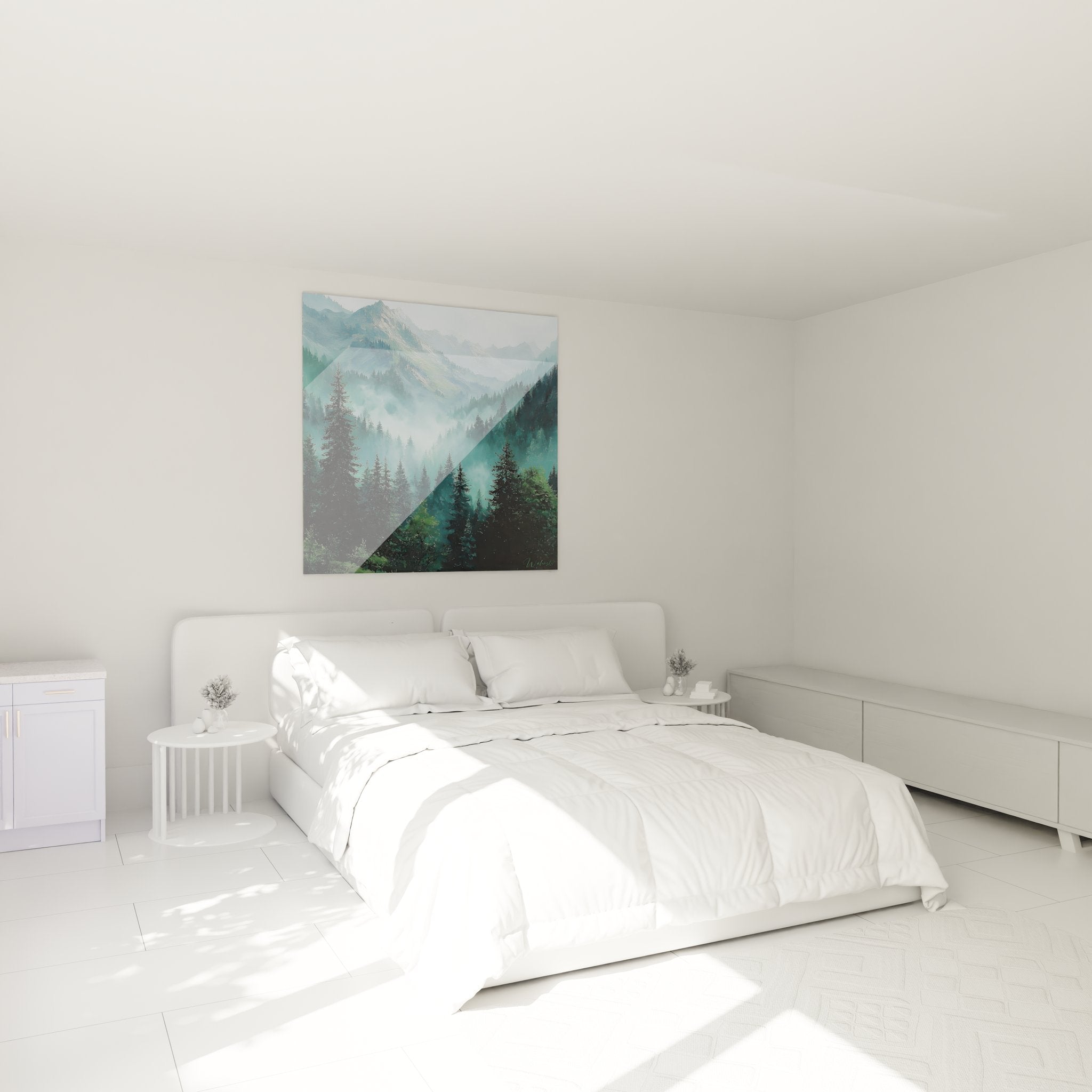Tableau paysage montagne brumeuse décorant une chambre ambiance nature et sérénité