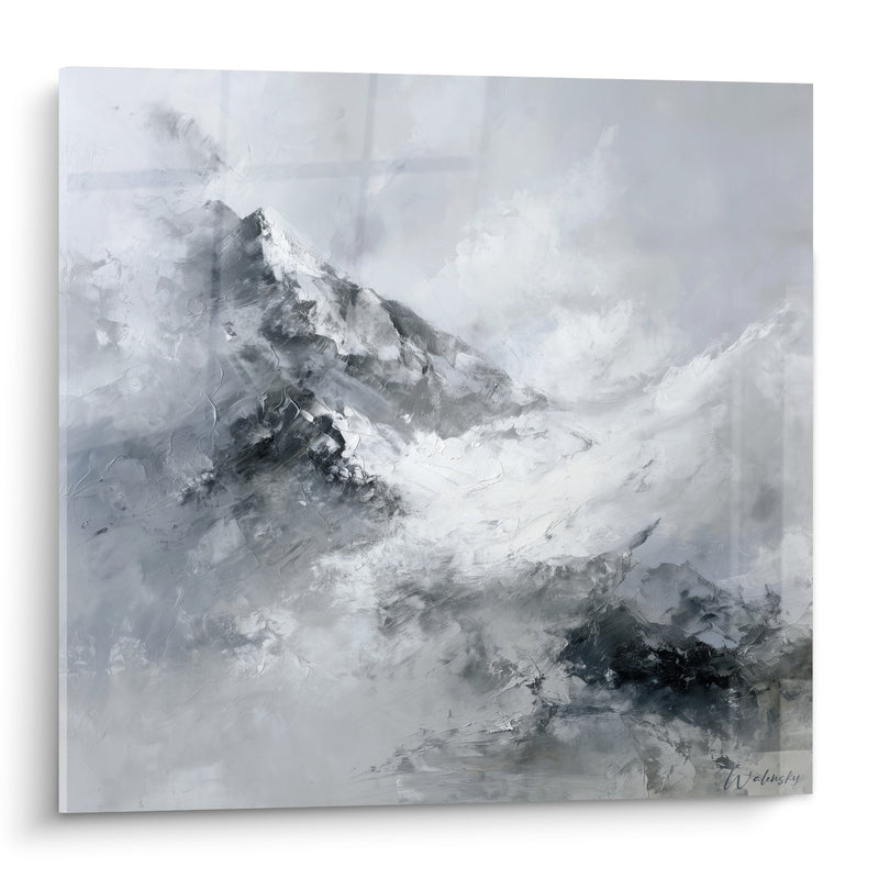 Tableau paysage montagneux brumeux aux tons gris et blancs - Sérénité Alpine - Edition Feng shui Ouest Métal