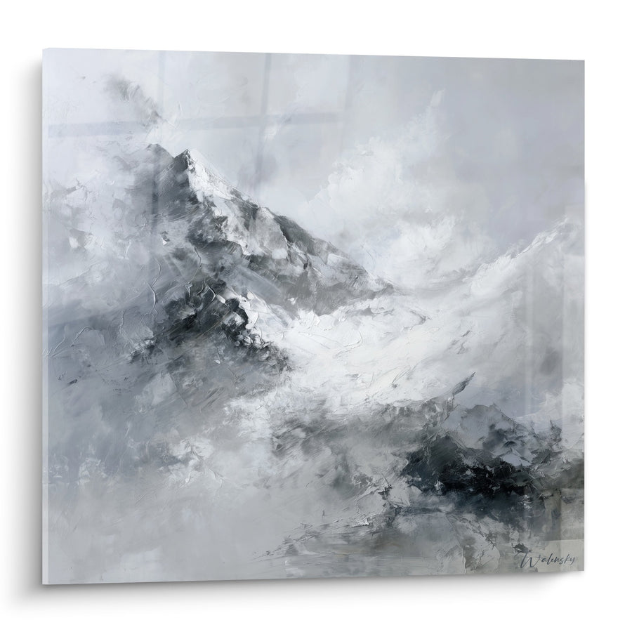 Tableau paysage montagneux brumeux aux tons gris et blancs - Sérénité Alpine - Edition Feng shui Ouest Métal