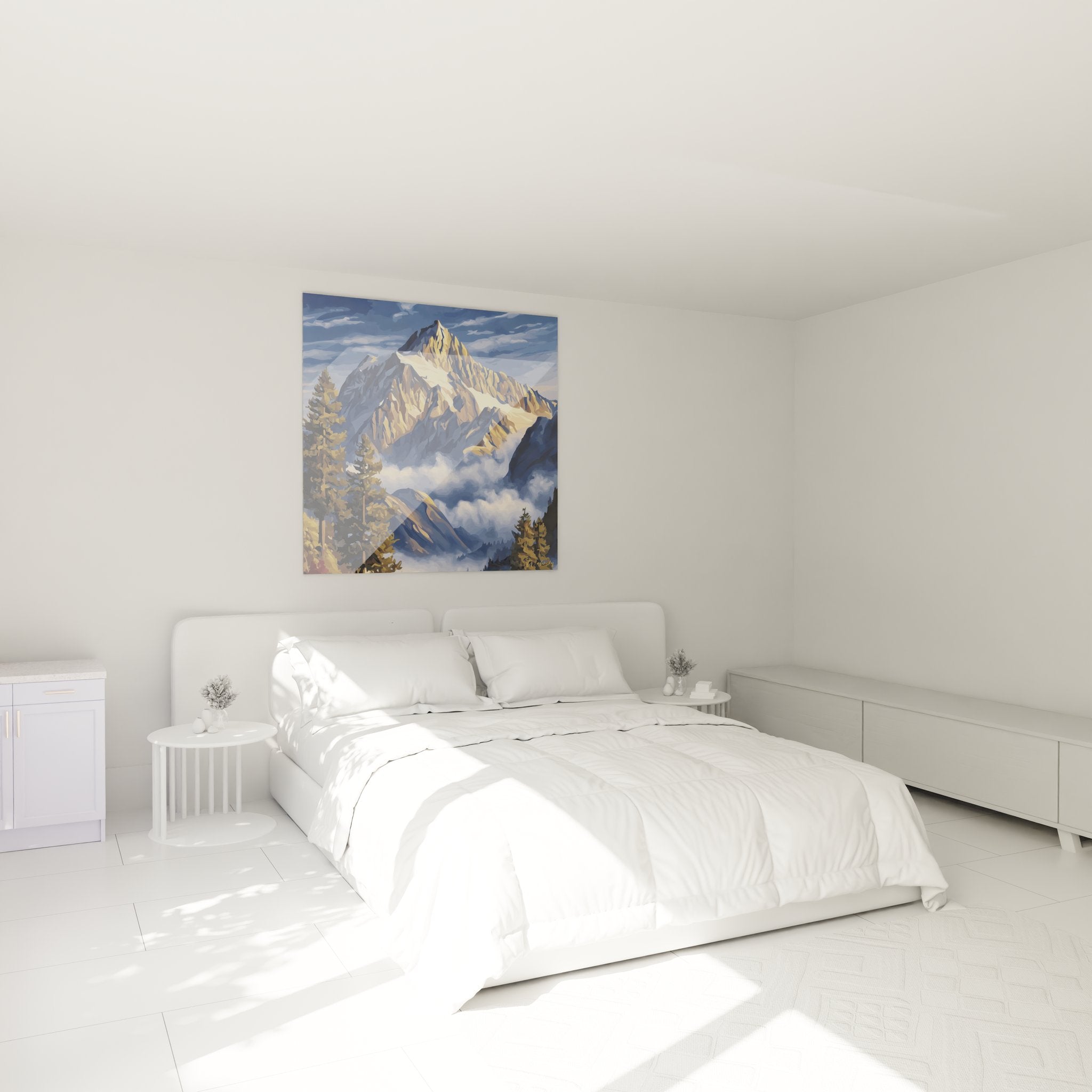 Tableau paysage montagnard installé dans chambre moderne - décoration murale nature avec pic enneigé