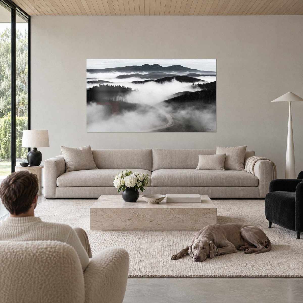 Quadro Strada chiara e sinuosa nella nebbia, cime grigie e grigio antracite, bosco scuro, uomo di spalle e cane, sopra un divano in un soggiorno luminoso