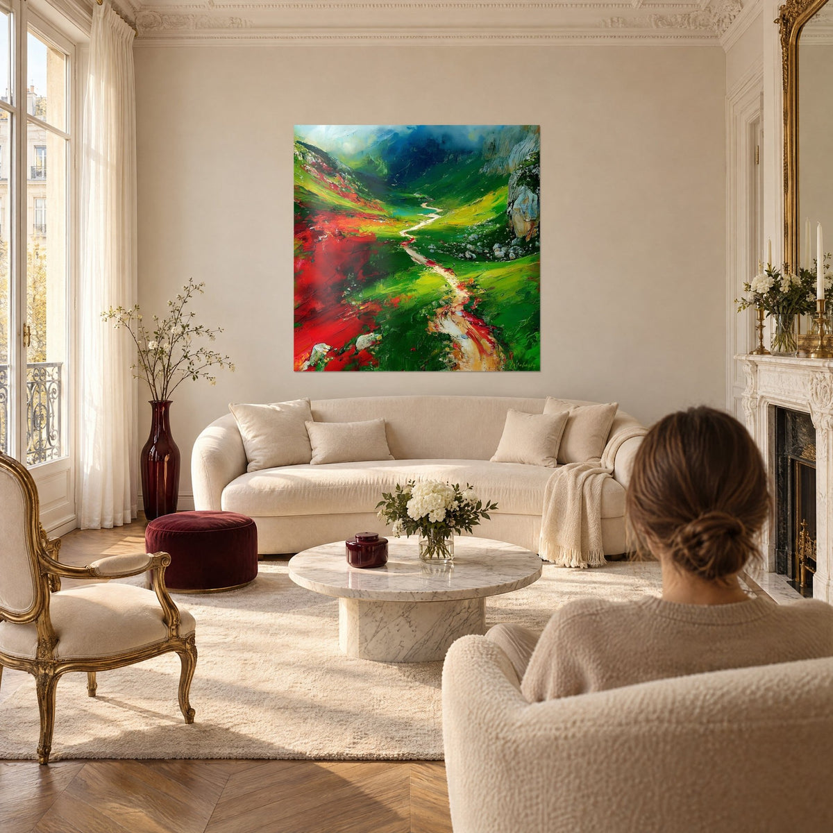 Tableau sentier clair serpentant dans une vallée verte, taches rouge vif à gauche, au-dessus d'un canapé dans un salon lumineux