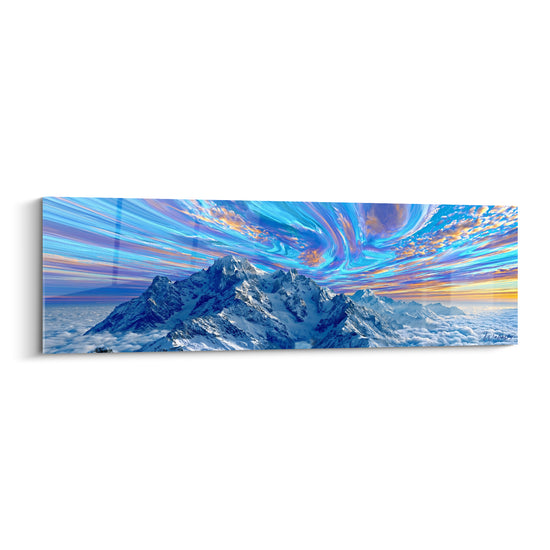 Tableau Sommet enneigé bleu et orange aux volutes tourbillonnantes - Ciel psychédélique zénithal - Edition Montagne
